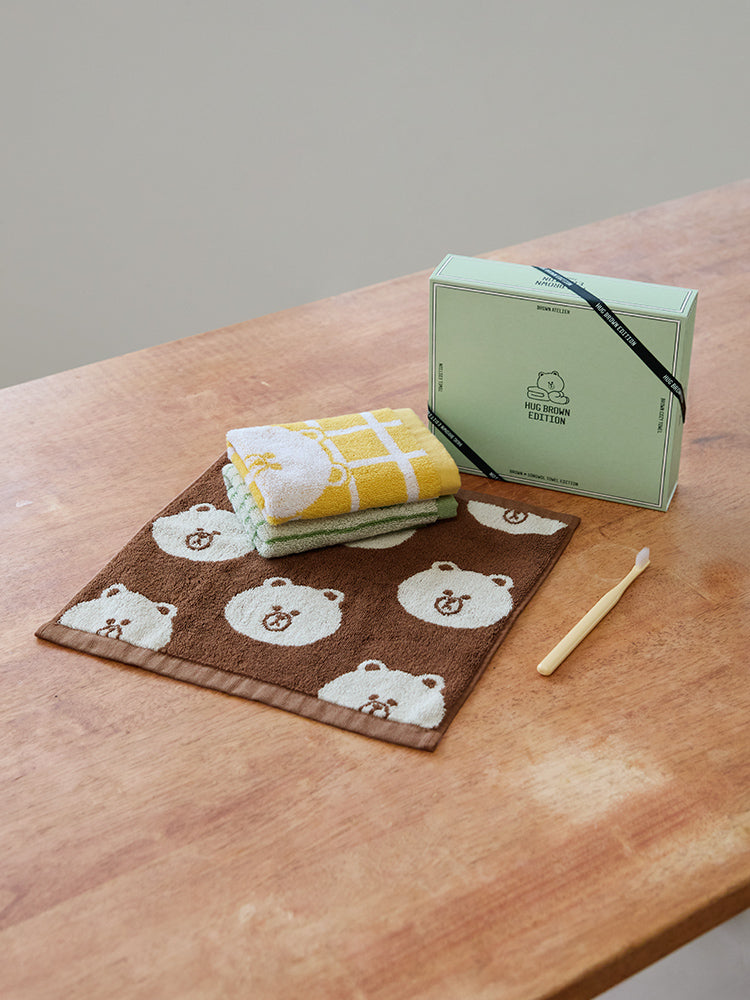 라인프렌즈 송월 브라운 베이직 핸드 타월 3P 세트 (브라운, 그린, 옐로우)