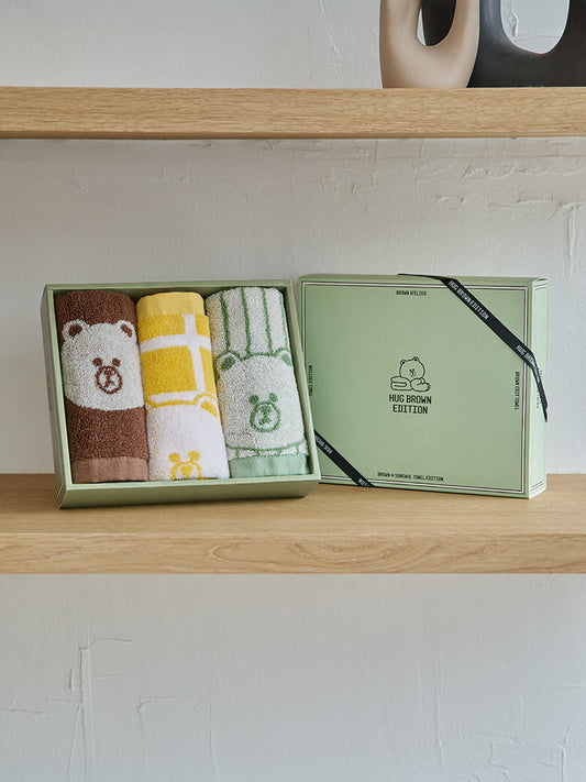 라인프렌즈 송월 브라운 베이직 핸드 타월 3P 세트 (브라운, 그린, 옐로우)