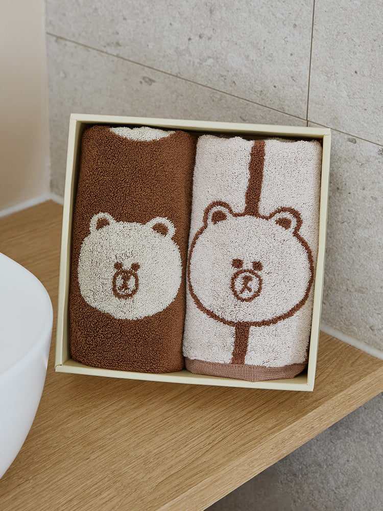 LINE FRIENDS LIVING_ 타월 2개입 라인프렌즈 송월 브라운 베이직 타월 2P 세트 (브라운, 아이보리)